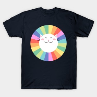 Happy Smiley Cat on Colorful Rainbow T-Shirt